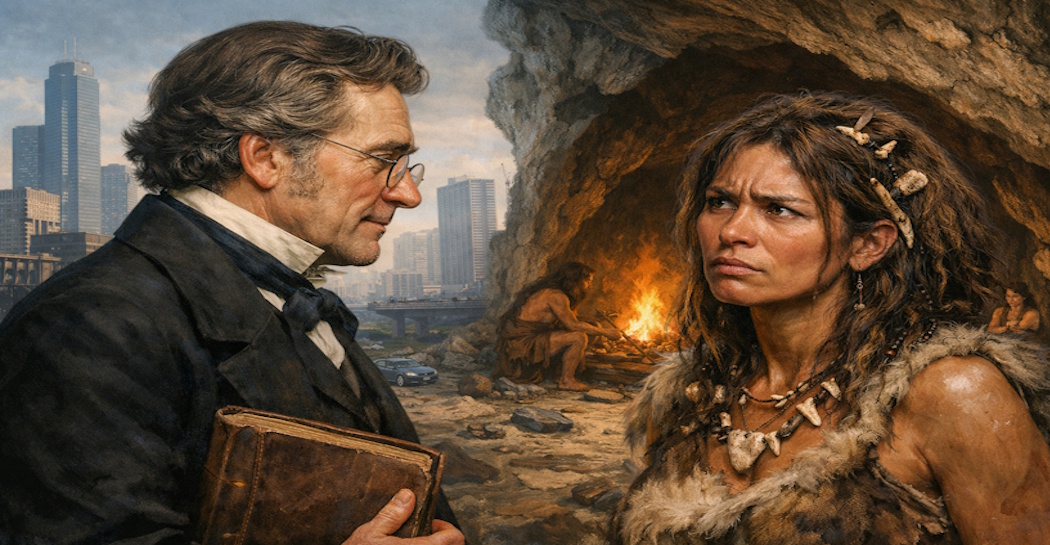 Una donna preistorica perplessa di fronte allo sguardo pieno di pregiudizi di uno studioso ottocentesco, pronto a delineare una narrazione distorta del suo ruolo che spesso perdura nel presente