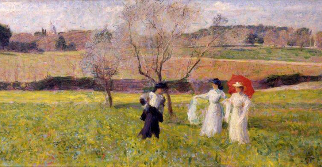 Giacomo Balla, Nel prato, 1908 circa, olio su tela, cm.55x144.5. Collezione privata Giacomo Balla, Nel prato, 1908 circa, olio su tela, cm.55x144.5. Collezione privata