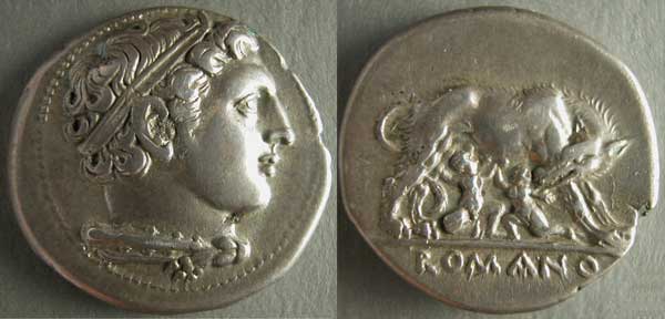 Moneta (didramma) della serie romano-campana: Ercole e lupa che allatta i gemelli