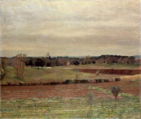 Giacomo Balla - Villa Borghese dal balcone, 1907 circa - Olio su tela, cm. 100 x 120, Collezione privata Giacomo Balla - Villa Borghese dal balcone, 1907 circa - Olio su tela, cm. 100 x 120, Collezione privata