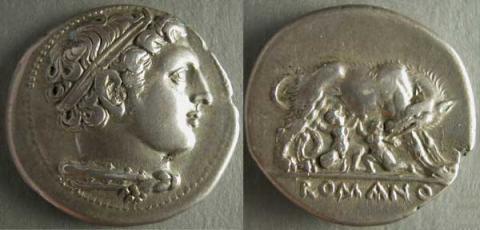 Moneta (didramma) della serie romano-campana: Ercole e lupa che allatta i gemelli