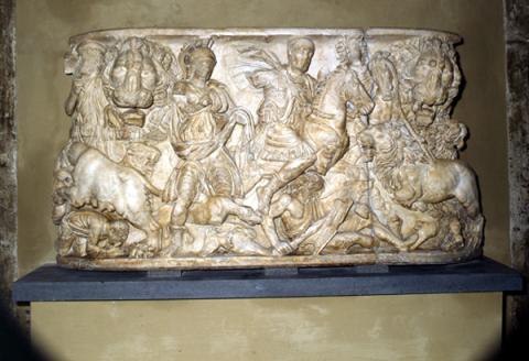 Fronte di sarcofago con caccia al leone